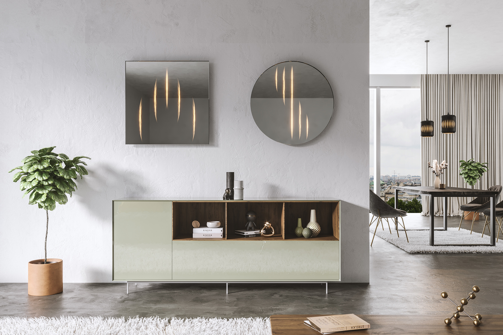 Die neue Ambiloom Kollektion bestehend aus einem quadratischen und rundem Wandspiegel mit ambientem Licht in der Spiegelung sowie einer modernen Leuchte mit funktionalem Downlight gepaart mit ambientem Licht,