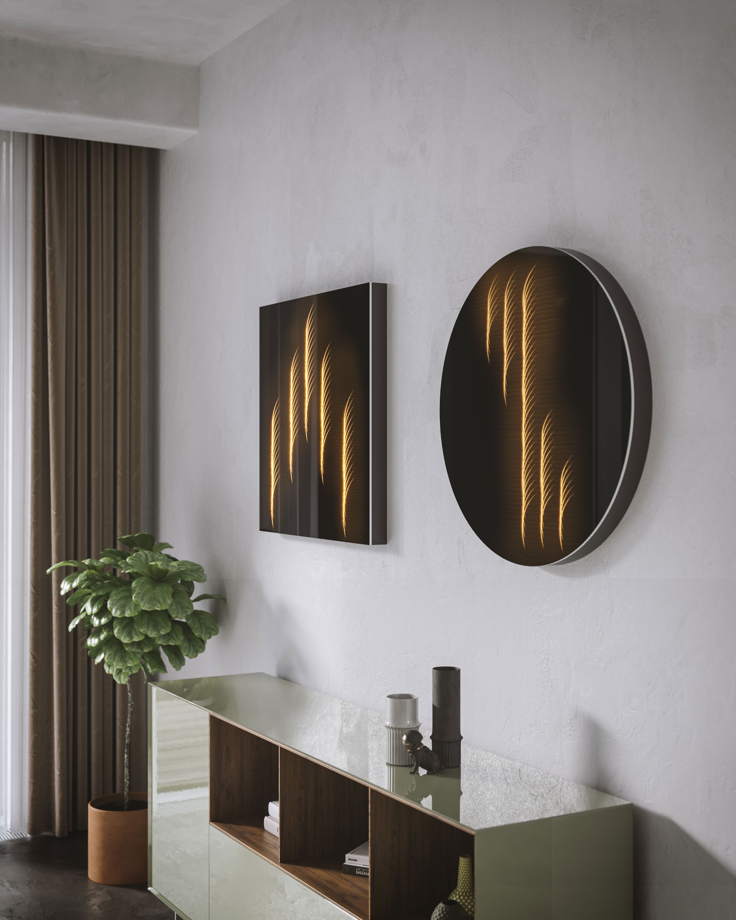 Ein runder und quadratischer Wandspiegel mit dem besonderen Lichteffekt in moderner Wohnumgebung